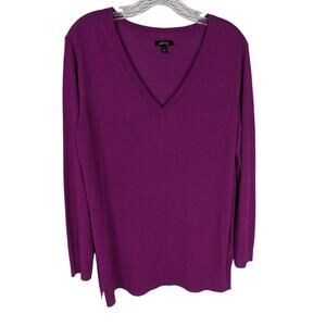 Apt 9 Deep Magenta/Plum V-Neck Tunic Sweater Split Hem Large fine knit EUC